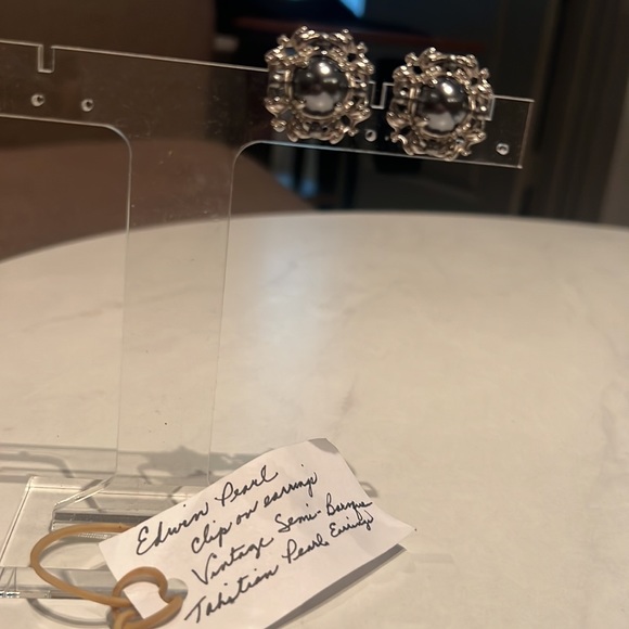 Erwin Pearl clip on earrings Vintage Semi-baroque Tahitian Pearl silver w/ blue - Picture 7 of 7